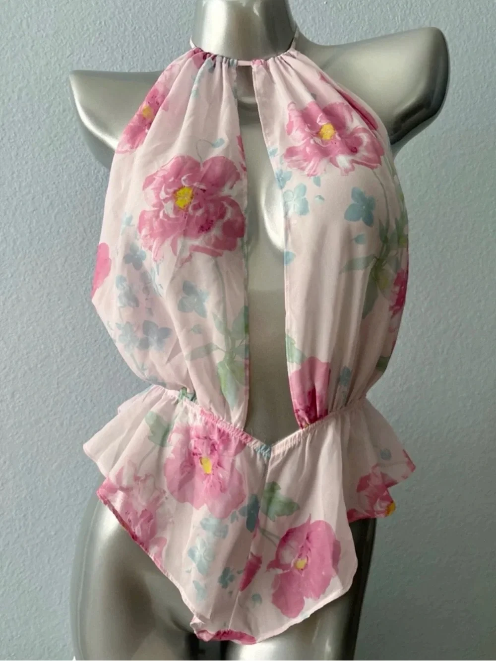 Victoria's Secret pink floral halter lingerie one piece romper size L